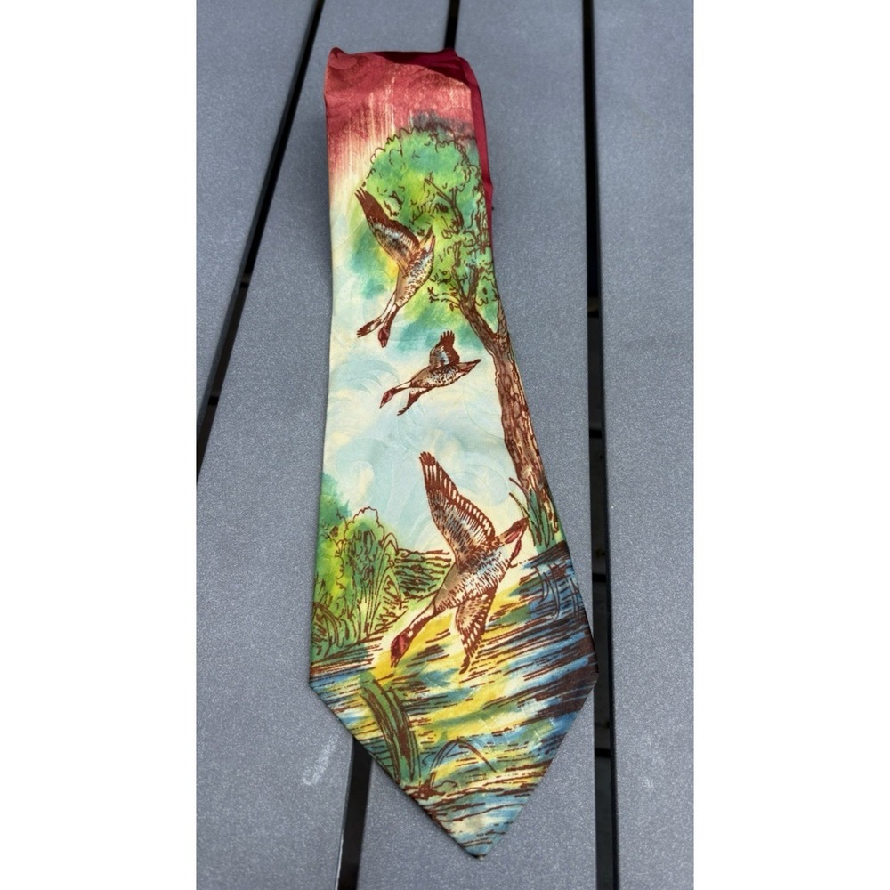 Vintage men's novelty necktie Smoothie Supreme ducks geese pond 1940's 1950's